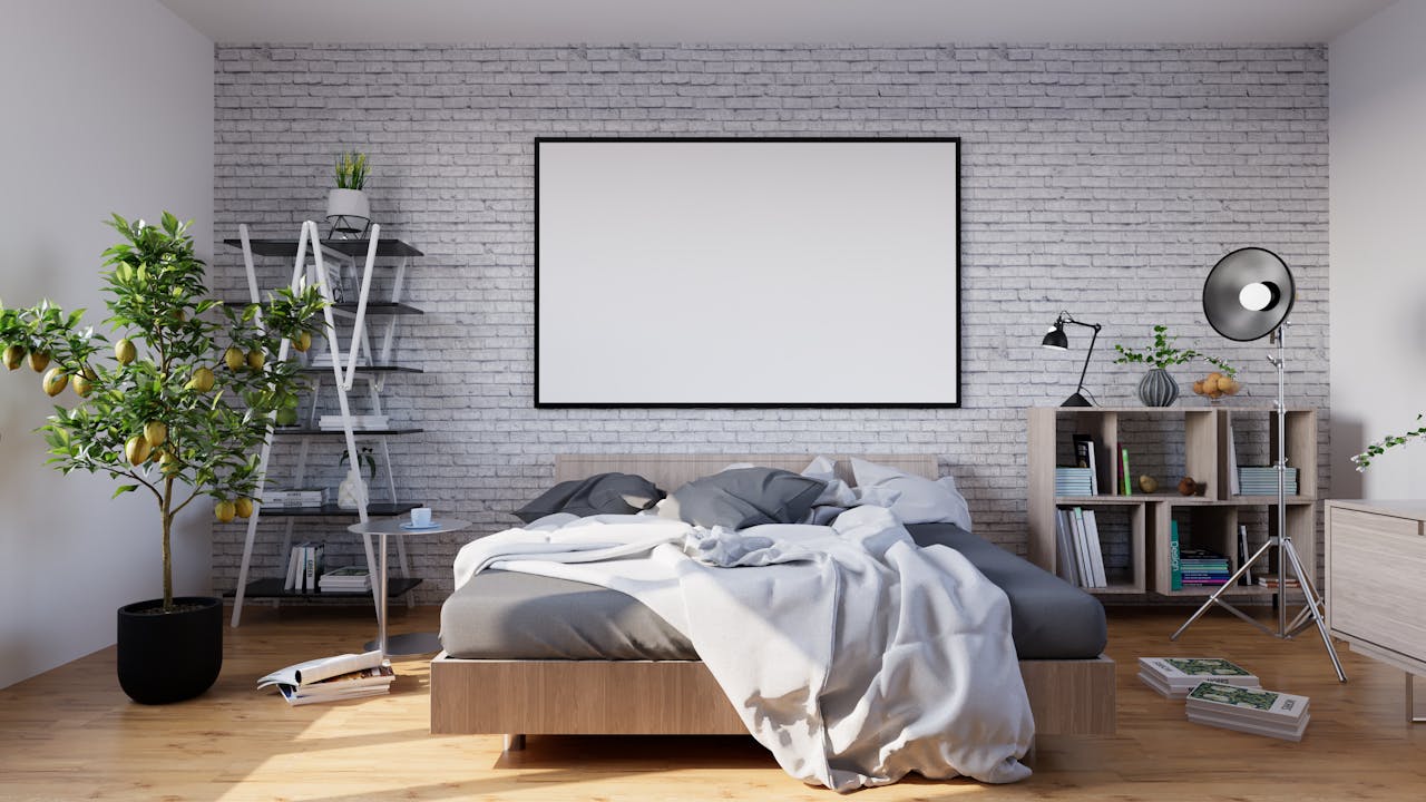gallery-05 Stylish modern bedroom with minimalist decor, featuring a brick wall and natural lighting.